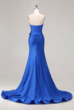 Robe de bal longue de bal 3D sirène bleu bleu bretelée, perlée, avec fente