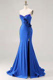 Robe de bal longue de bal 3D sirène bleu bleu bretelée, perlée, avec fente