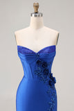 Robe de bal longue de bal 3D sirène bleu bleu bretelée, perlée, avec fente