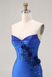 Robe de bal longue de bal 3D sirène bleu bleu bretelée, perlée, avec fente