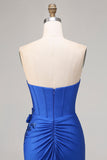 Robe de bal longue de bal 3D sirène bleu bleu bretelée, perlée, avec fente