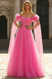 Robe longue de bal en tulle plissé à plis à l’épaule décalée rose vif avec serpentin