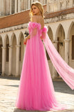 Robe longue de bal en tulle plissé à plis à l’épaule décalée rose vif avec serpentin