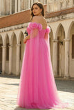 Robe de bal longue taille large en tulle plissé rose vif à la ligne A avec serpentin