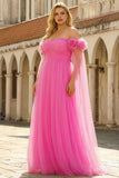 Robe de bal longue taille large en tulle plissé rose vif à la ligne A avec serpentin
