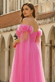 Robe de bal longue taille large en tulle plissé rose vif à la ligne A avec serpentin