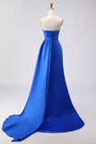 Robe de bal longue en satin perlée en sirène bleu royal avec fente