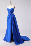 Robe de bal longue en satin perlée en sirène bleu royal avec fente