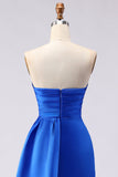 Robe de bal longue en satin perlée en sirène bleu royal avec fente