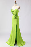 Robe Maxi 3D 3D sans bretelles en sirène verte avec fente