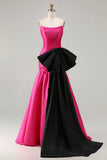 Robe de soirée longue en satin fuchsia coupe bustier à décolleté cabriolet avec grand nœud