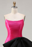 Robe de soirée longue en satin fuchsia coupe bustier à décolleté cabriolet avec grand nœud