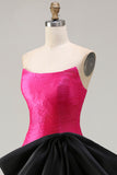 Robe de soirée longue en satin fuchsia coupe bustier à décolleté cabriolet avec grand nœud