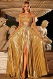 Corset de bal métallique doré sans bustier plissé plissé ligne en A, longue robe de bal avec fente
