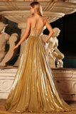 Corset de bal métallique doré sans bustier plissé plissé ligne en A, longue robe de bal avec fente
