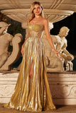 Corset de bal métallique doré sans bustier plissé plissé ligne en A, longue robe de bal avec fente