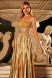 Corset de bal métallique doré sans bustier plissé plissé ligne en A, longue robe de bal avec fente
