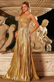 Corset de bal métallique doré sans bustier plissé plissé ligne en A, longue robe de bal avec fente