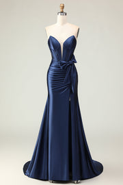 Sirène bleu marine sans bretelles perlée Corset froncé longue robe de bal avec noeud