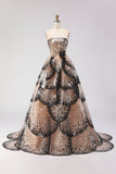 Robe longue de bal de la princesse à étages à étages abricot noire abricot scintillante
