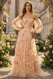 Robe de bal longue décapotable en tulle Champagne sans bretelles avec fleurs 3D