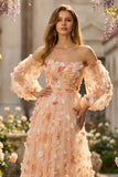 Robe de bal longue décapotable en tulle Champagne sans bretelles avec fleurs 3D