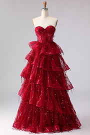 Robe de bal longue princesse bourgogne à franges et paillettes