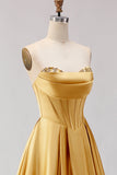 Corset doré sans bretelles en satin A-Line Long robe de bal