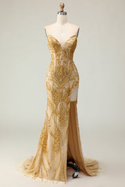 Sirène dorée Sweetheart perlée robe longue de bal avec fente