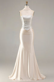 Robe longue de bal décapotée sirène sereine sans bretelles en champagne