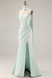 Robe de soirée longue sirène vert clair bustier sans bretelles avec fente latérale et écharpe