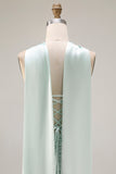 Robe de soirée longue sirène vert clair bustier sans bretelles avec fente latérale et écharpe