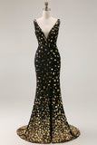 Robe de bal longue de bal en sirène dorée noire dorée à paillettes dorées et longue robe de bal