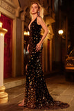 Robe de bal longue de bal en sirène dorée noire dorée à paillettes dorées et longue robe de bal