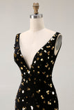 Noir Sirène dorée Sequin col V dos ouvert longue robe de bal avec fente