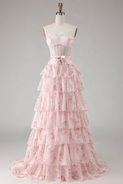 Robe de bal longue de promo à motifs perlées à motifs de corset rose à motifs floraux sans bustiers, à niveaux de A
