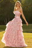 Robe de bal longue à étages à étages avec des corsets roses, bustier floral sans buses,