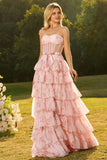 Robe de bal longue à étages à étages avec des corsets roses, bustier floral sans buses,