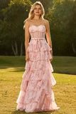 Robe de bal longue à étages à étages avec des corsets roses, bustier floral sans buses,