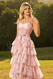 Robe de bal longue à étages à étages avec des corsets roses, bustier floral sans buses,