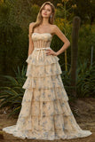 Corset de bal jaune perlé fleuri A Strapless Bustier avec volants