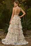 Corset de bal jaune perlé fleuri A Strapless Bustier avec volants