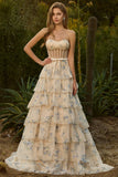 Corset de bal jaune perlé fleuri A Strapless Bustier avec volants