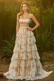Corset de bal jaune perlé fleuri A Strapless Bustier avec volants