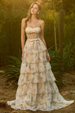Robe de bal longue à étages à étages avec des corsets roses, bustier floral sans buses,