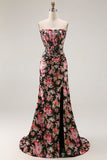 Noir Rose Floral Sirène Sans Bretelle Corset Longue Robe de Bal Avec Fente
