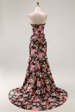 Noir Rose Floral Sirène Sans Bretelle Corset Longue Robe de Bal Avec Fente