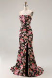 Noir Rose Floral Sirène Sans Bretelle Corset Longue Robe de Bal Avec Fente