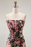 Noir Rose Floral Sirène Sans Bretelle Corset Longue Robe de Bal Avec Fente
