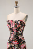 Noir Rose Floral Sirène Sans Bretelle Corset Longue Robe de Bal Avec Fente